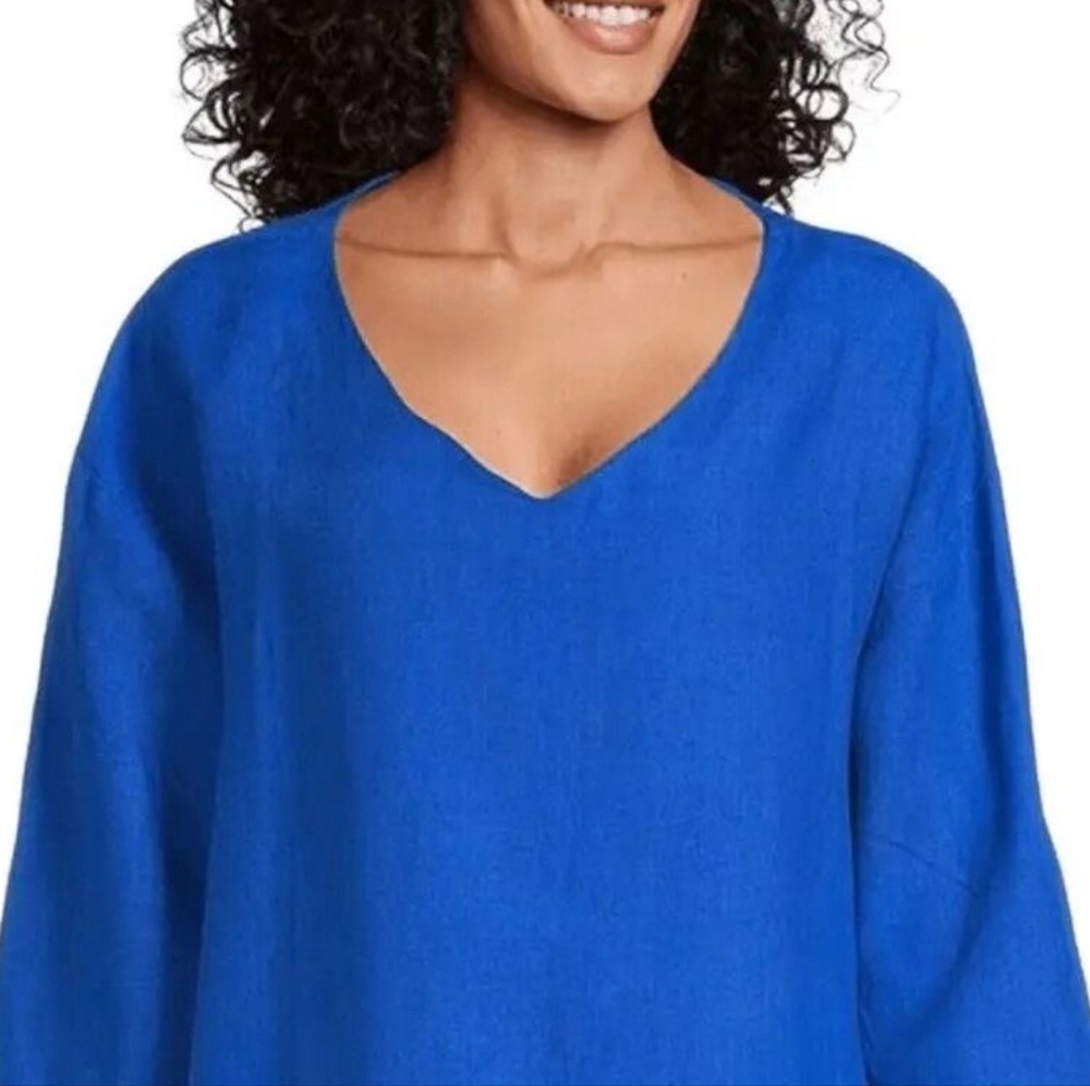 LA FIXSUN Pure Linen Cerulean Blue V Neck Tunic XL